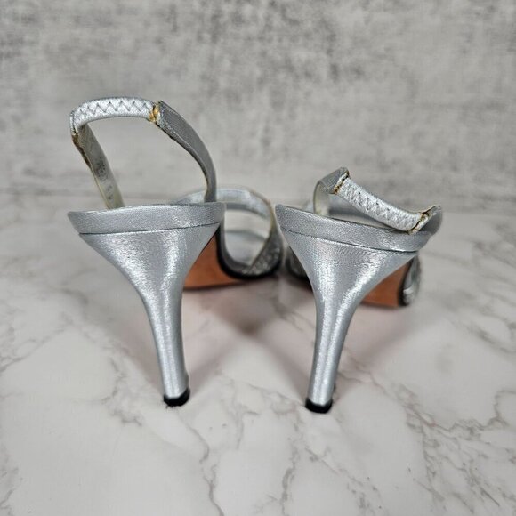 Stuart Weitzman Vintage Silver Leather Crystal Beaded Sling Back Heels Women 8B‎ - Picture 5 of 11